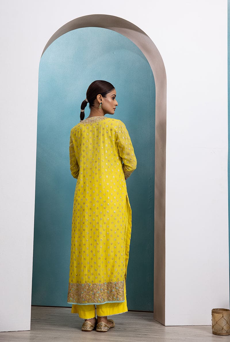 Yellow & Blue Classic Zari Neck Raha Kurta Set