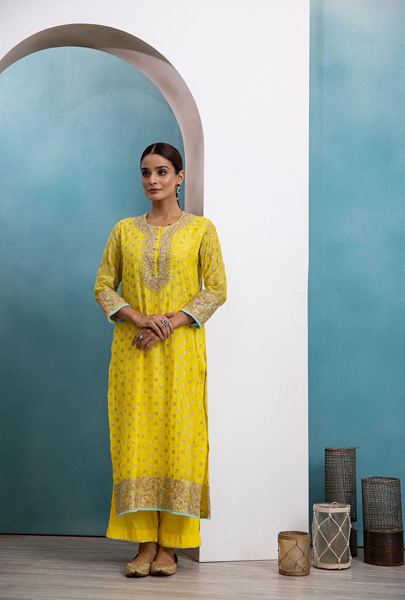 Yellow & Blue Classic Zari Neck Raha Kurta Set