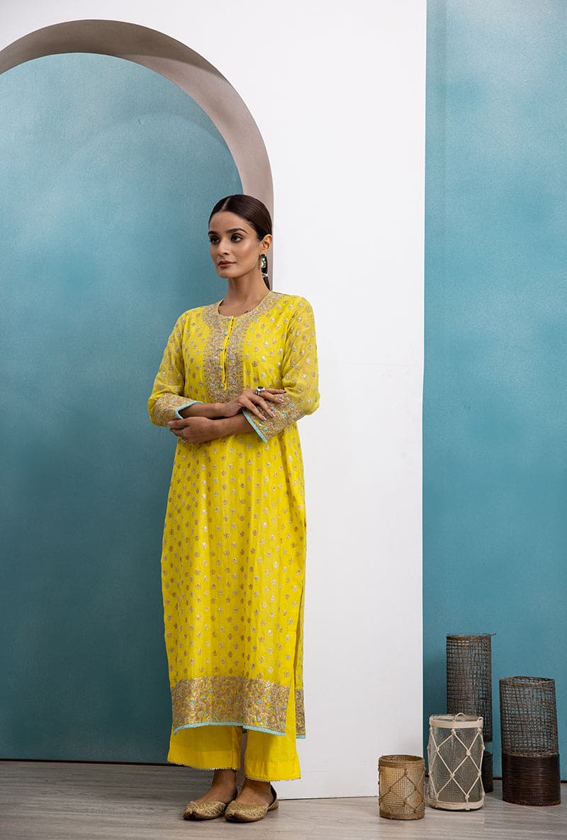 Yellow & Blue Classic Zari Neck Raha Kurta Set