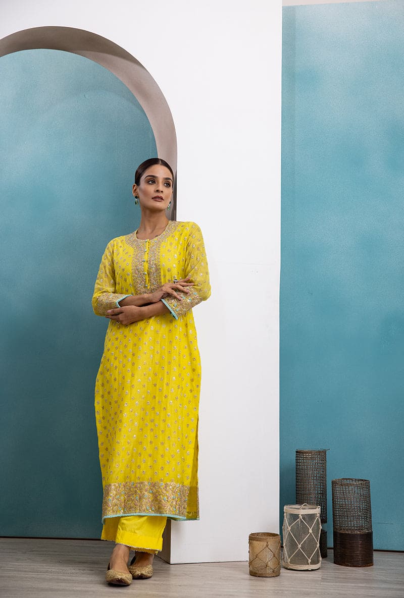 Yellow & Blue Classic Zari Neck Raha Kurta Set