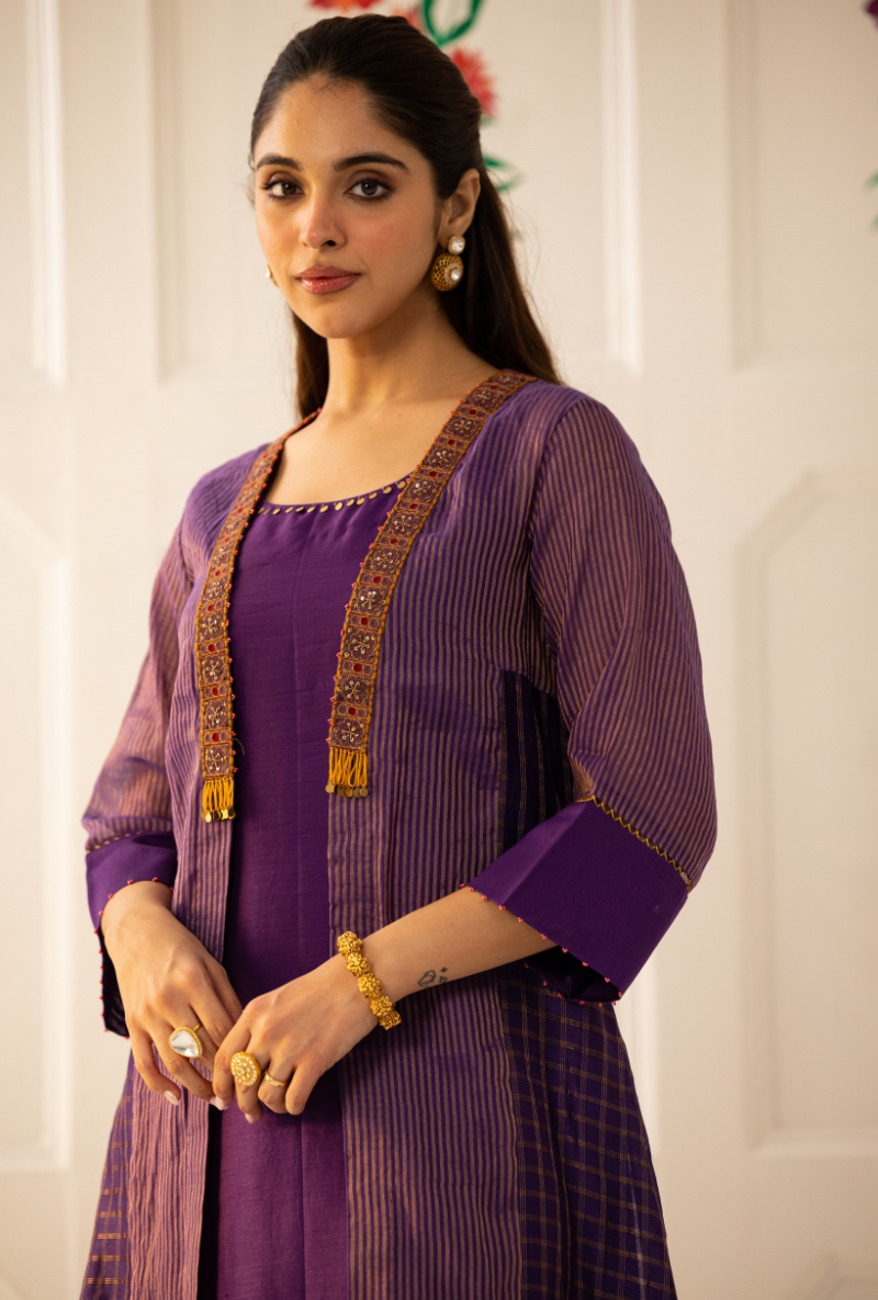 Purple Check And Stripe Kishmish Jacket Set