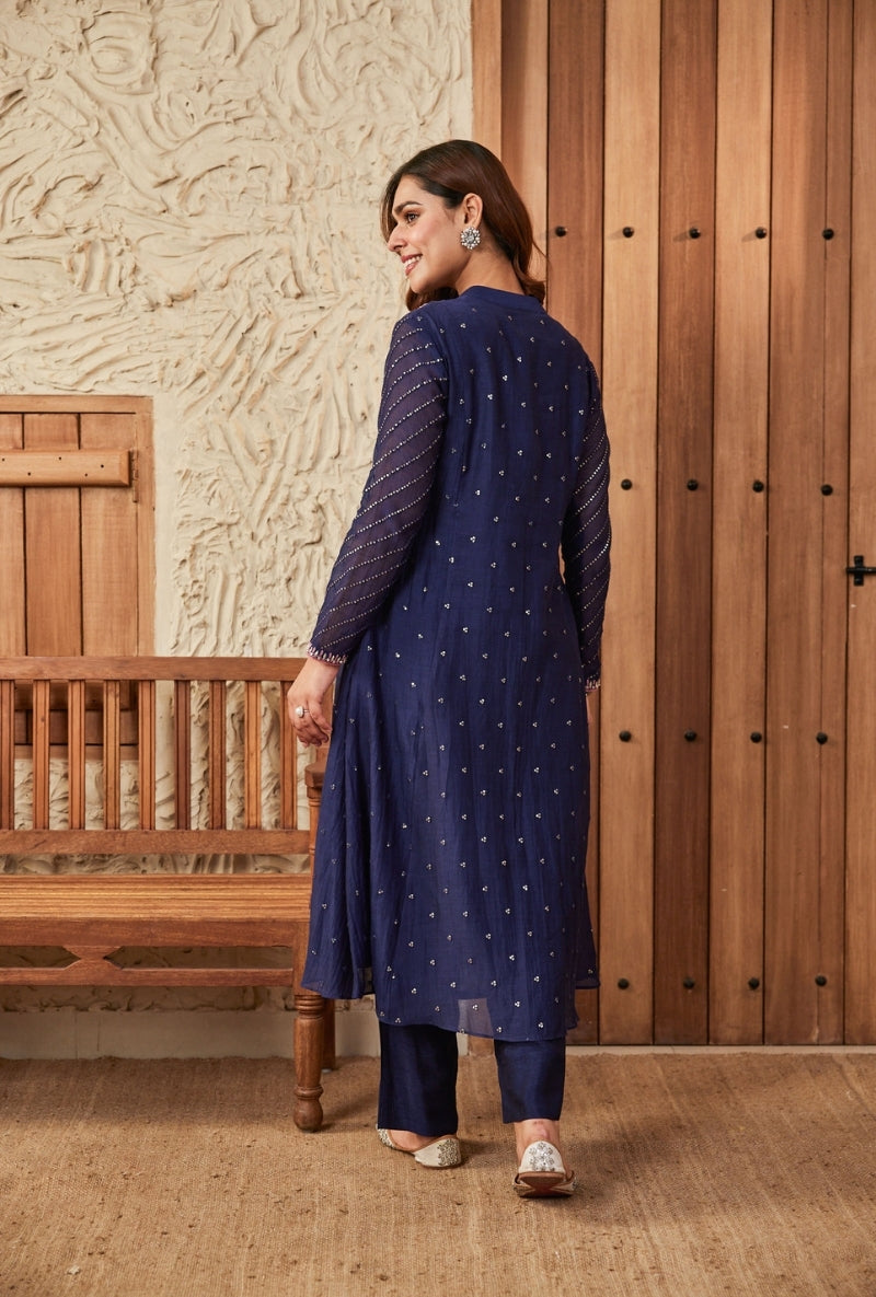 Blue Inverted Pleat Dori Work Aadhya Kurta Set