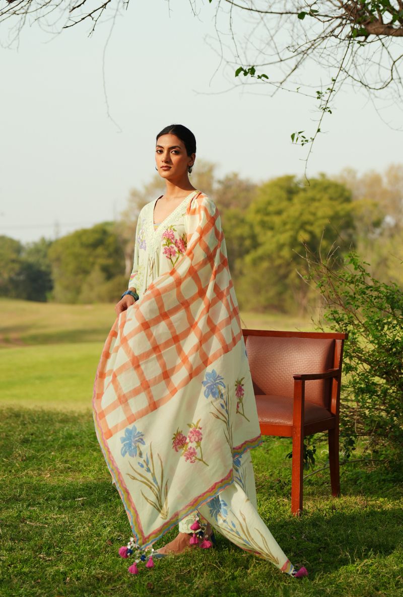 Pista Green V-Neck Asymmetrical Gulmohar Kurta Set