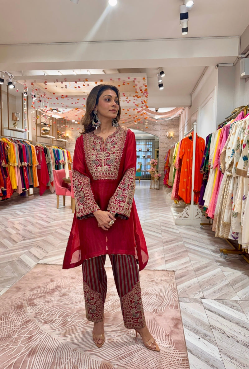 Meghna Nayyar in Red Dori &amp; Sequin Hand Embroidered Mallika Farshi Set