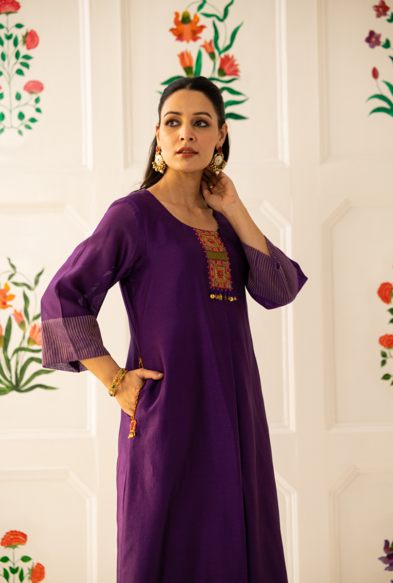 Purple Double Box Pleat Kishmish Kurta Set