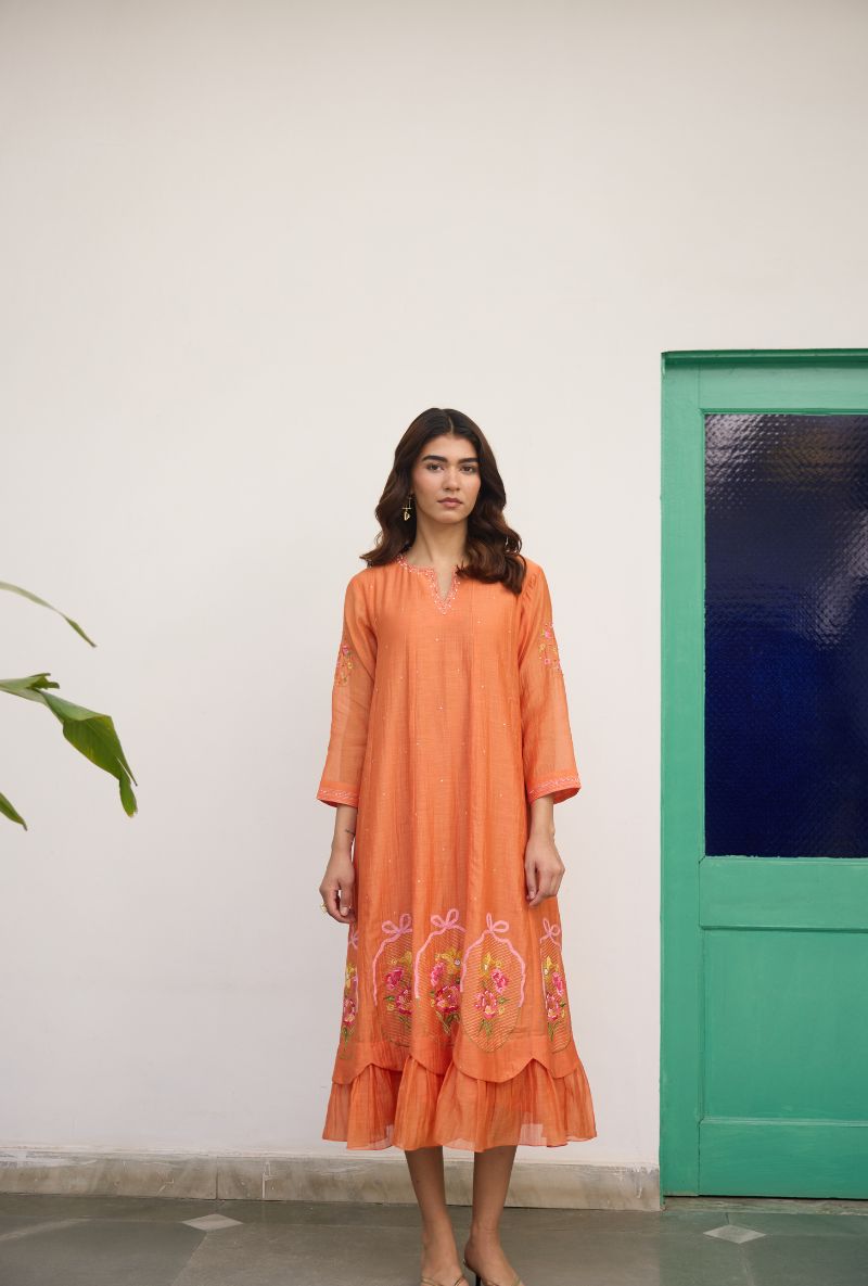 Orange Floral Embroidered with Applique Vaidehi Dress