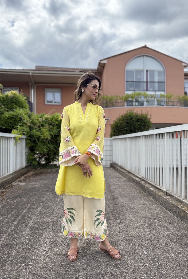 Meghna Nayyar Yellow Cutdana And Resham Work Angela Maple Kurta Set