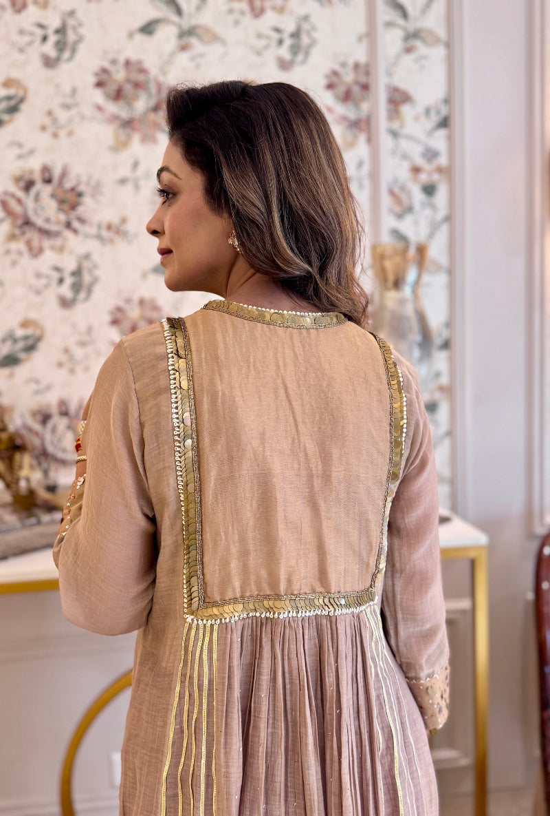 Meghna Nayyar in Beige Heavy Hand Embroidered Yoke Front Gather Anarkali Set