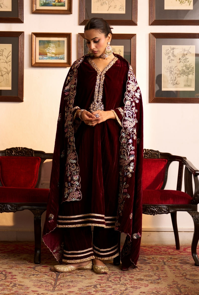 Wine Crushed Velvet Dilbar Kurta Set