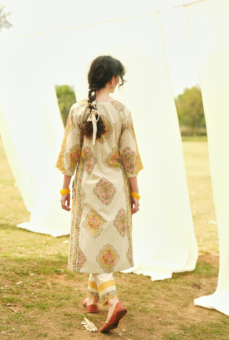 Yellow Handblock Print Straight Gulmohar Kurta Set