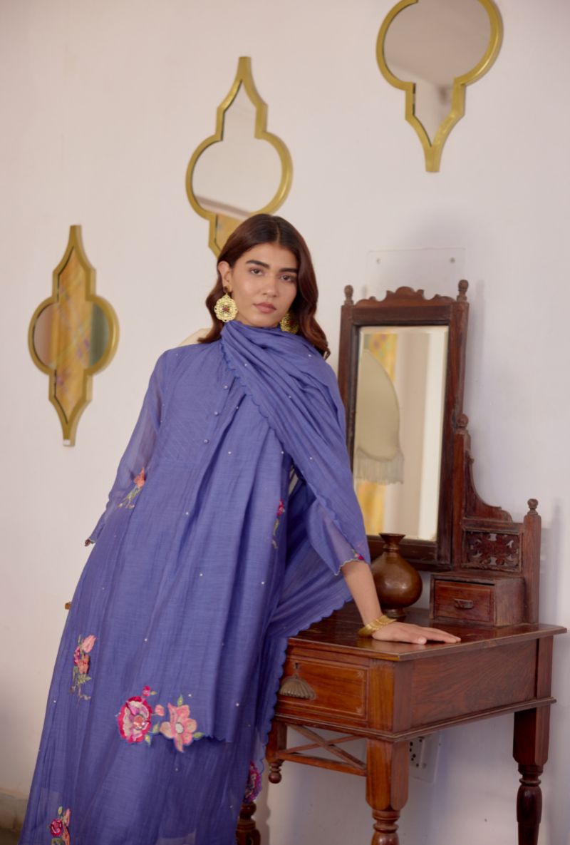 Blue Floral Embroidered &amp; Applique Vaidehi Kurta Set