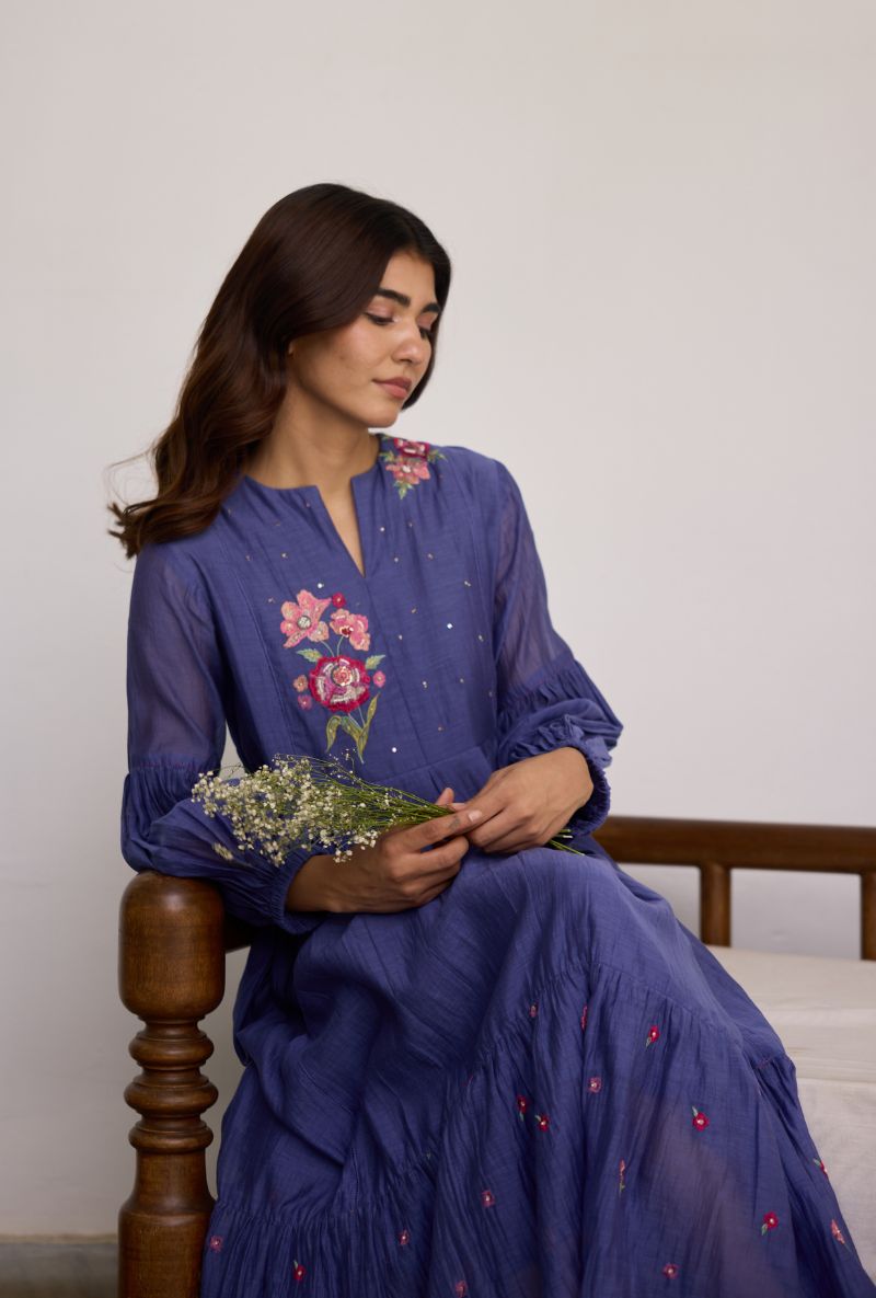 Blue Floral Embroidered Yoke Vaidehi Dress