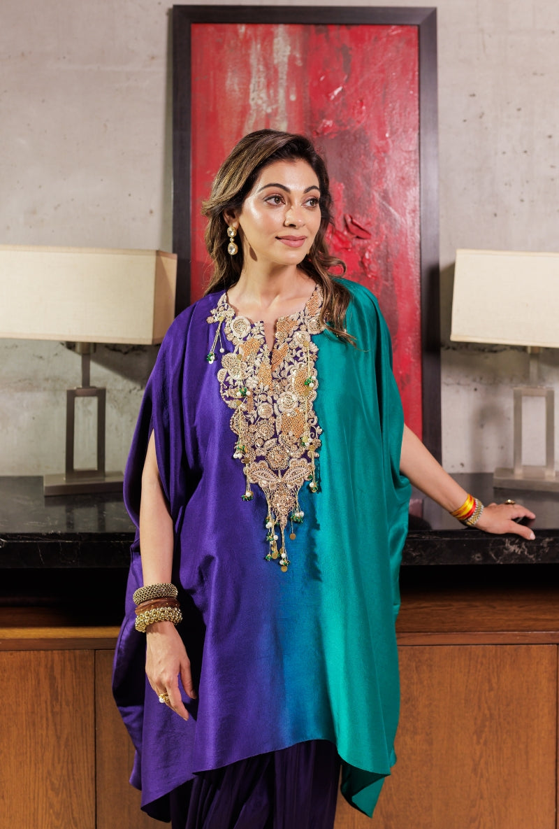 Meghna Nayyar in Purple &amp; Green Ombre Heavy Yoke Drape Dhoti Skirt Set