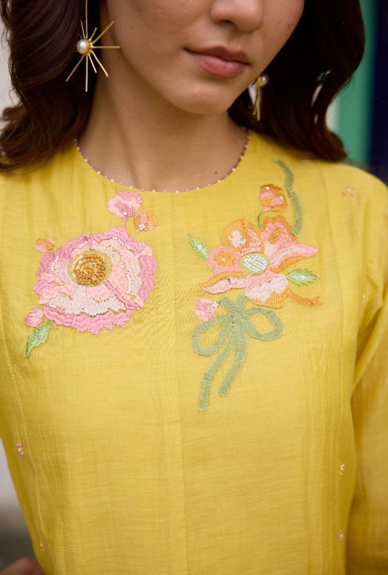 Yellow Resham Embroidered Floral Vaidehi Kurta Set