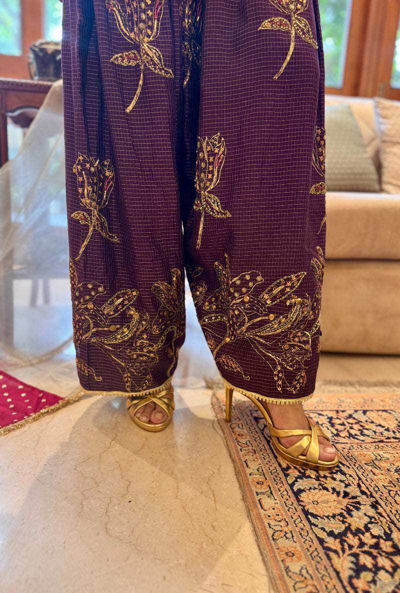Meghna Nayyar in Purple Hand Embroidered Neck Farshi Set