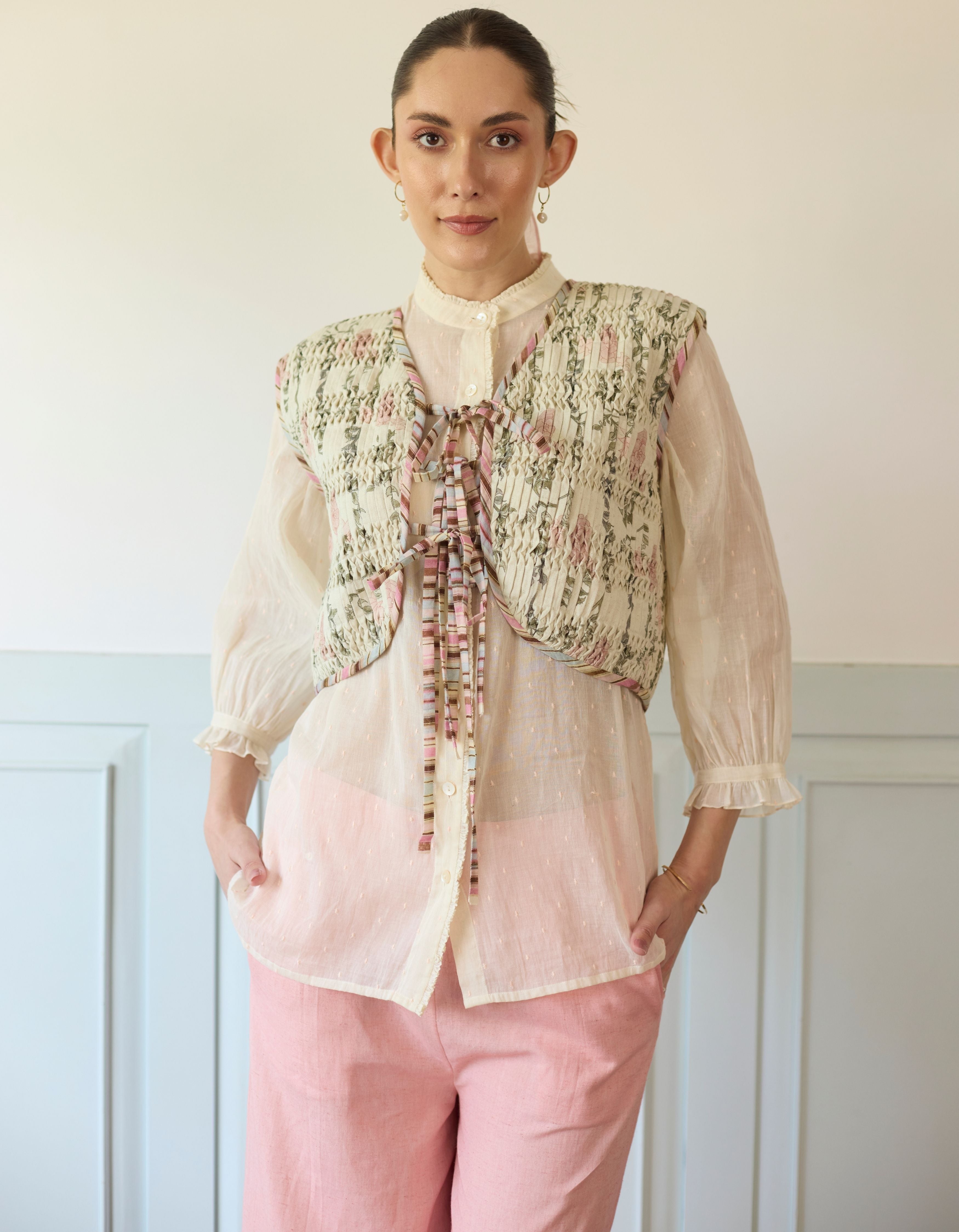 Light Pink Smocked Gilet With Gathered Shirt Amelia Co-Ord Set