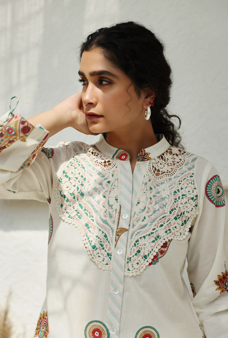 Ivory Hamza Print Gaze Kurta Set
