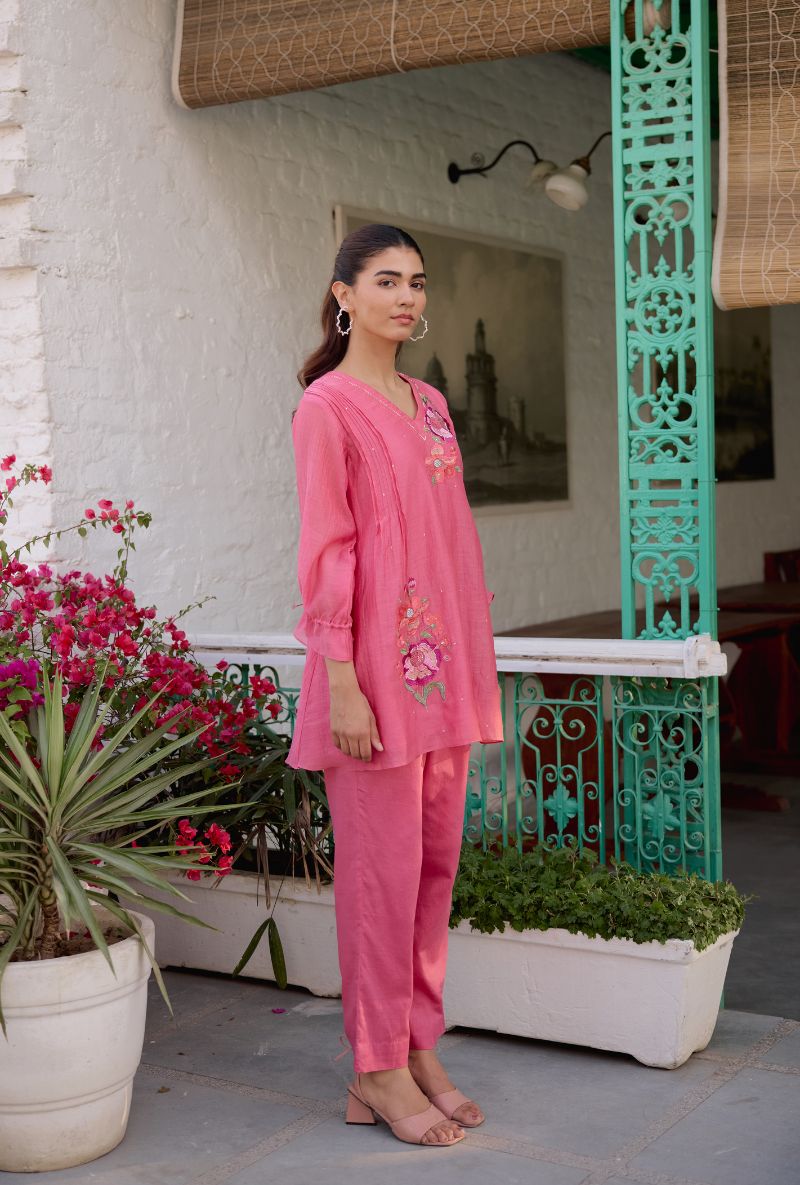 Pink Floral Embroidered With Pintucks Vaidehi Co-ord Set