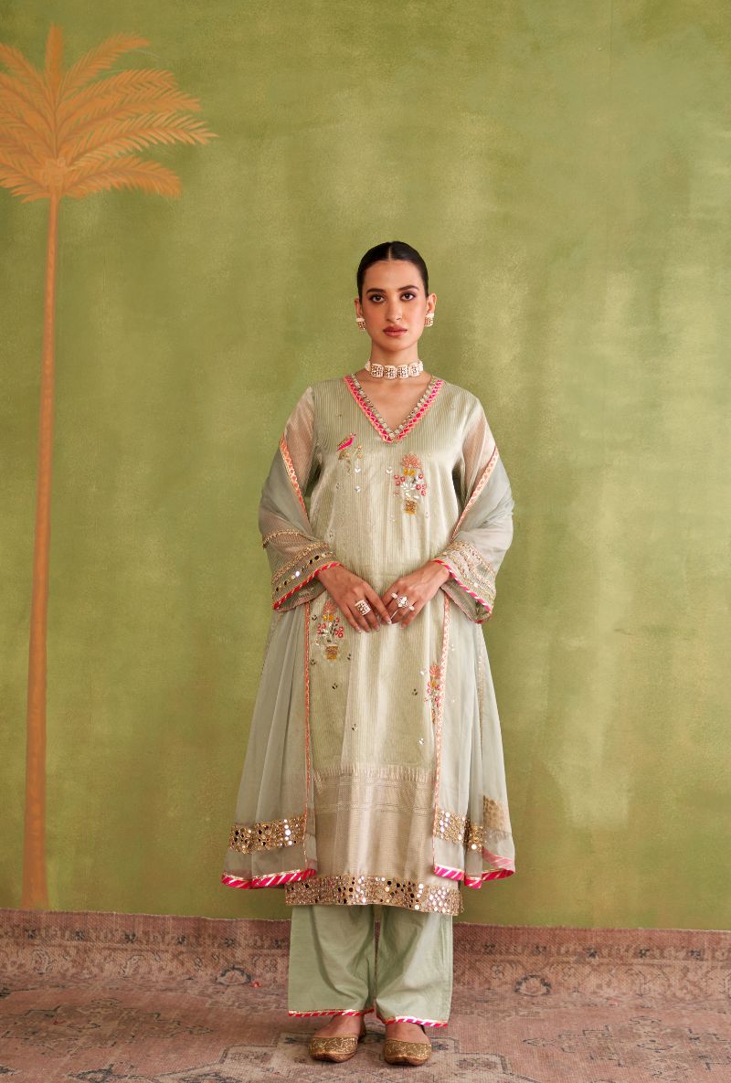 Light Sage Green Tissue Stripes Morbagh Kurta Set