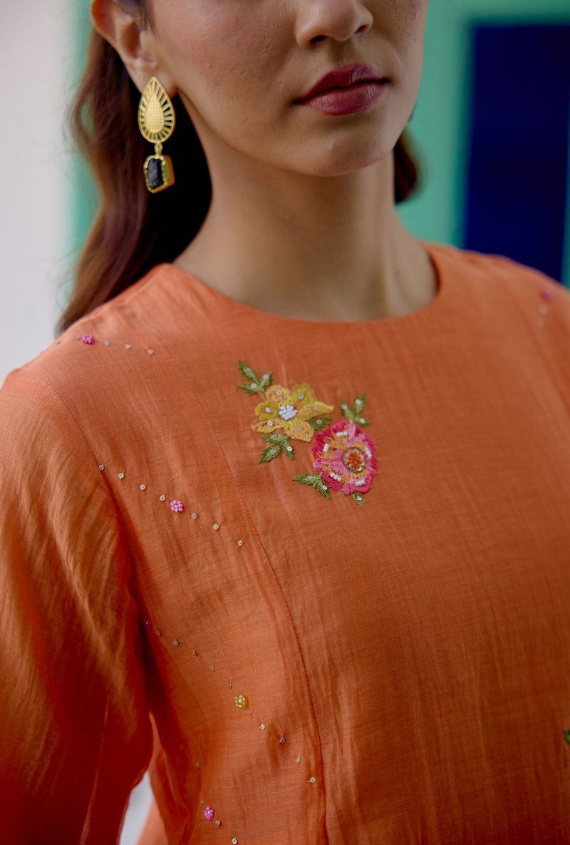 Orange Floral Embroidered Side Gather Vaidehi Kurta Set