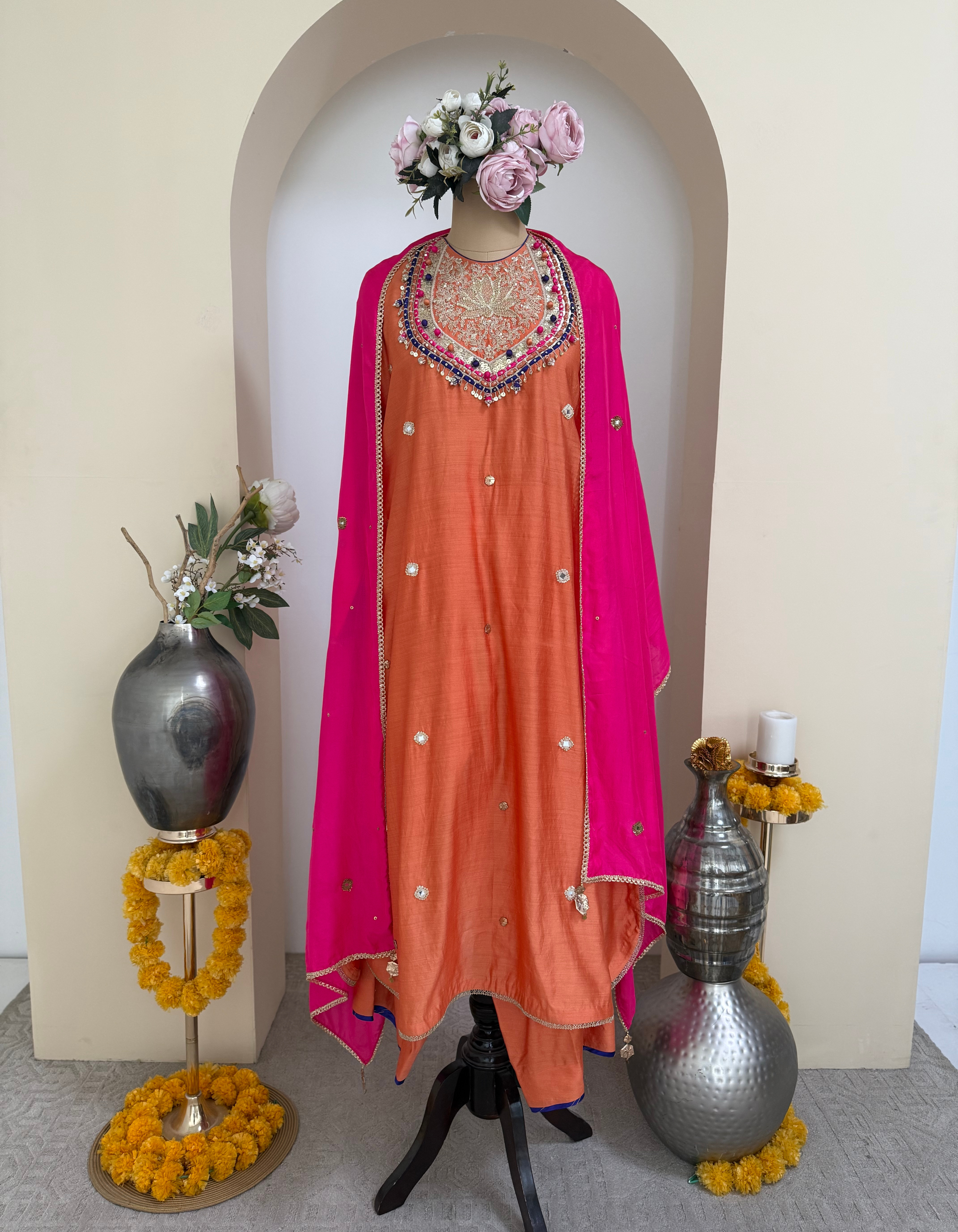 Orange Lotus Yoke Rani Kurta Set
