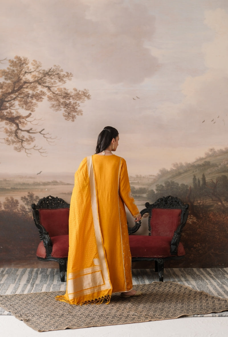 Mustard Zari Butti Embroidery Gulbano Kurta Set