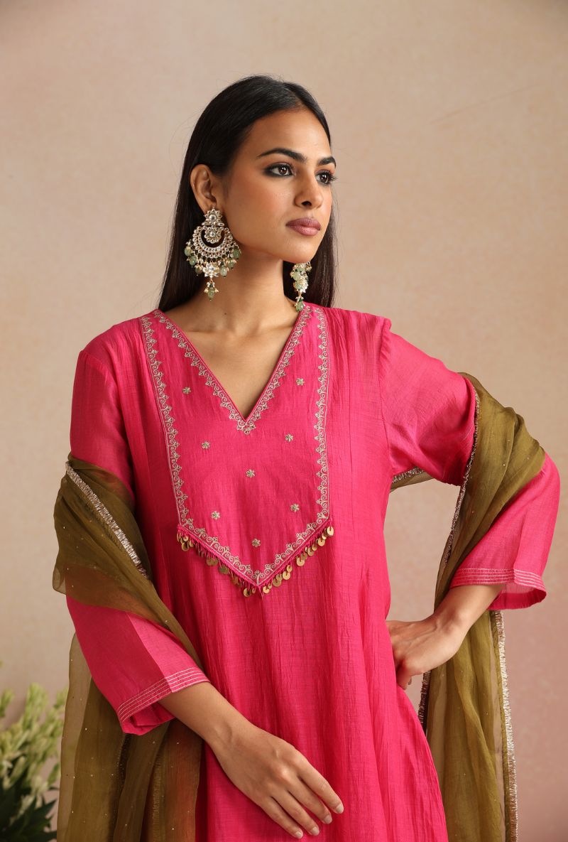 Magenta Emroidered Yoke Itrh Kurta Set