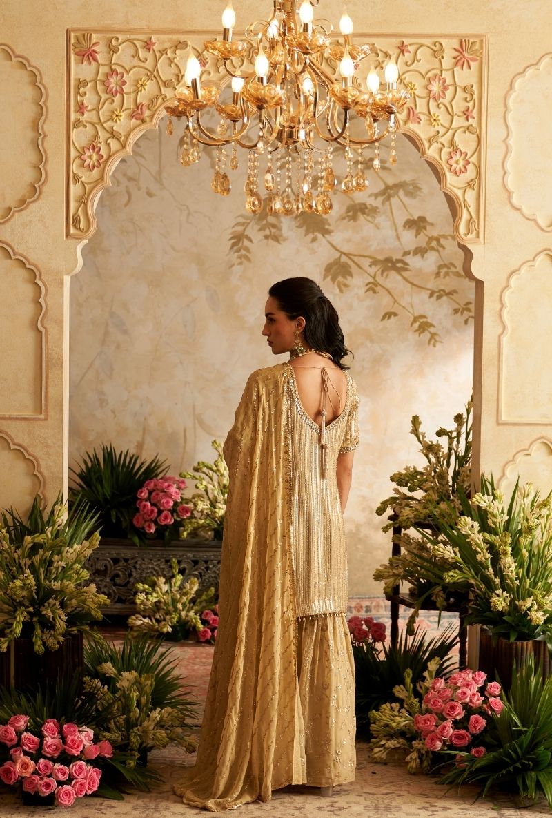 Beige Stripes Sequin Rumi Gharara Set