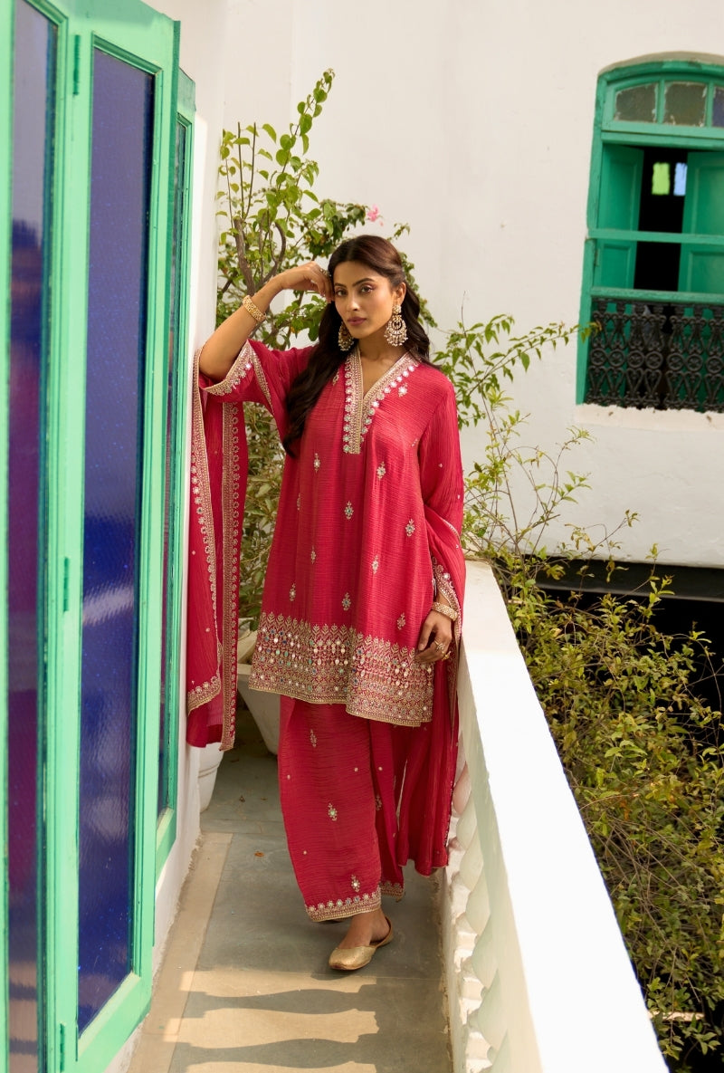 Red Embroidered A-Line Nadira Farshi Salwar Set