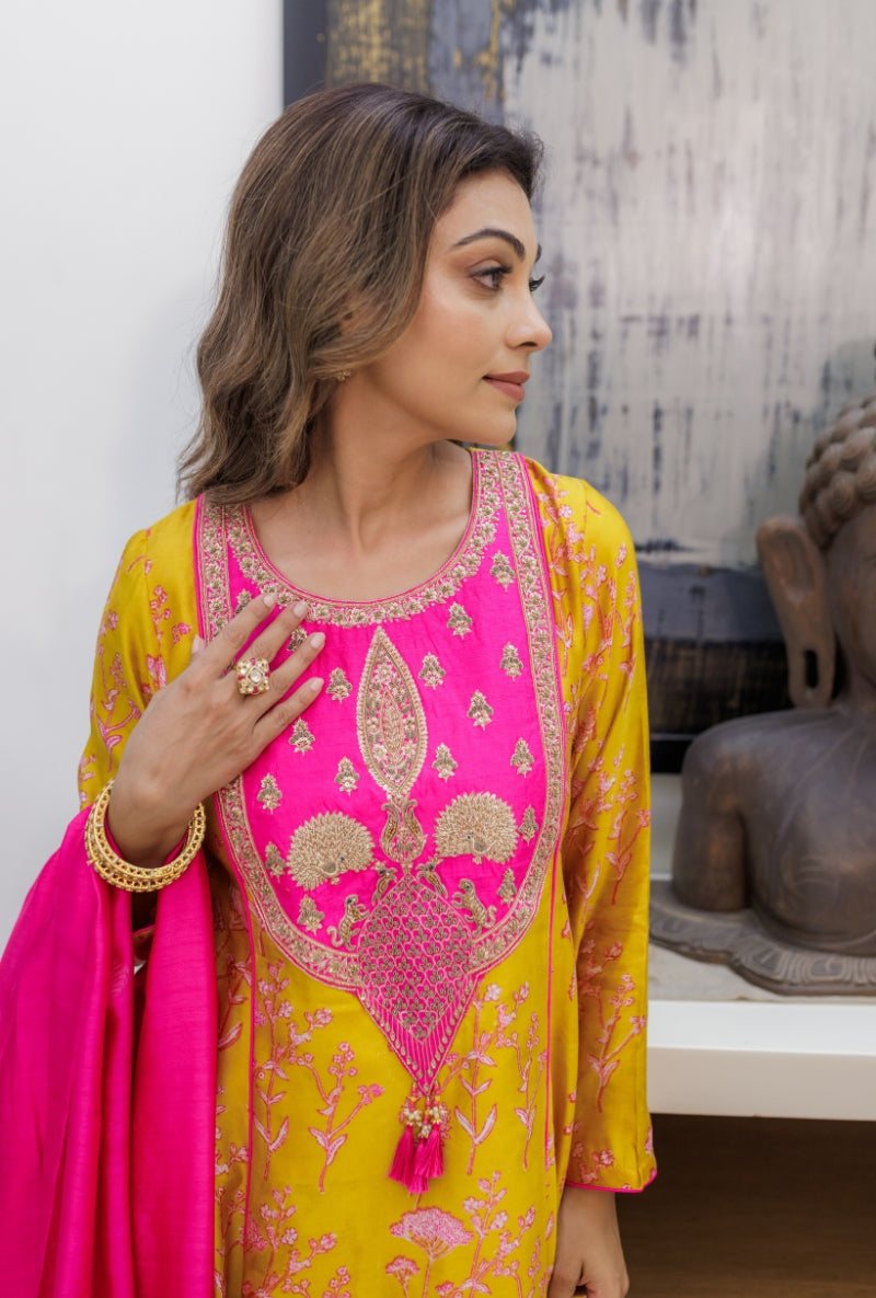 Meghna Nayyar in Mustard Heavy Yoke Block Print Kurta Set