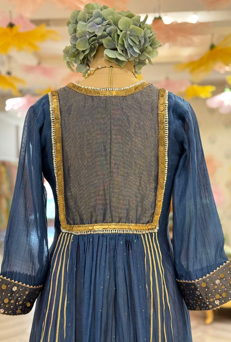 Blue Heavy Hand Embroidered Yoke Front Gather Anarkali Set