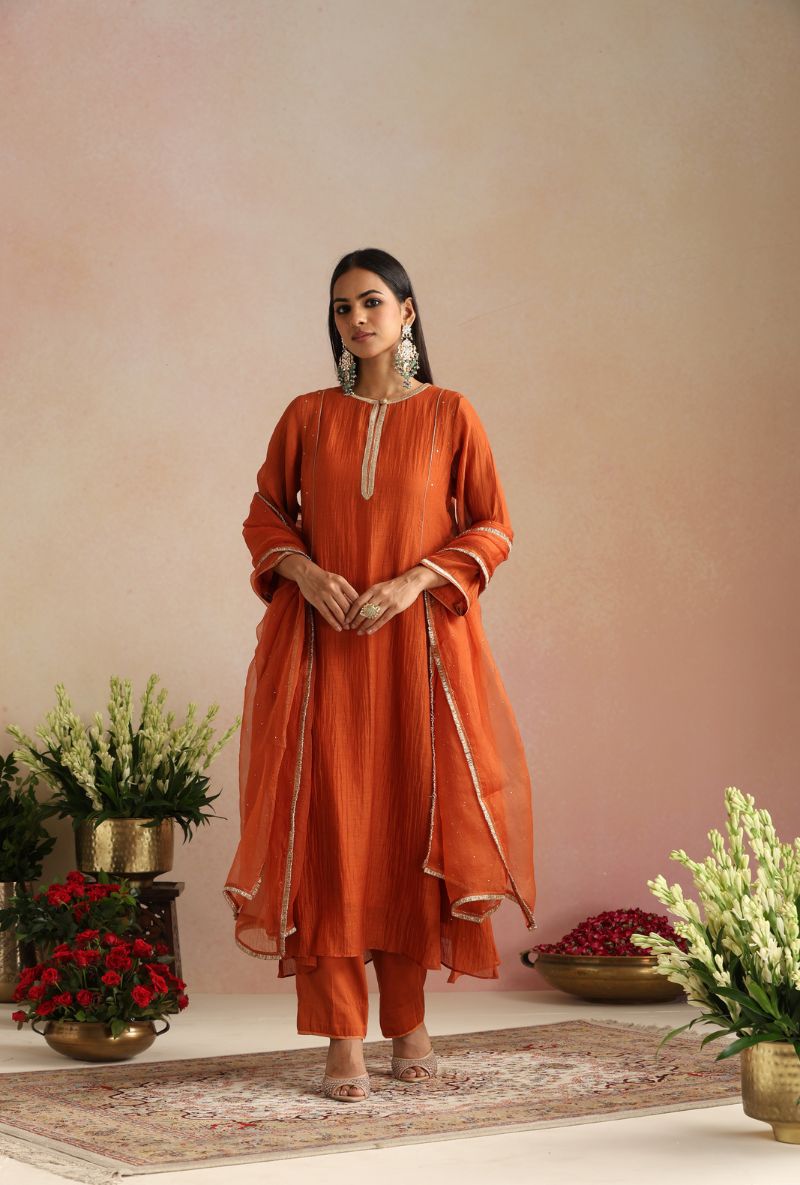 Burnt Orange Cheeta Work Itrh Kurta Set
