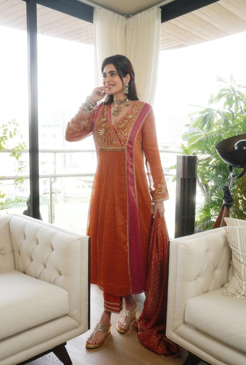 Karishma Tanna in Rust Embroidered Overlap Yoke Gulbano Anarkali Set