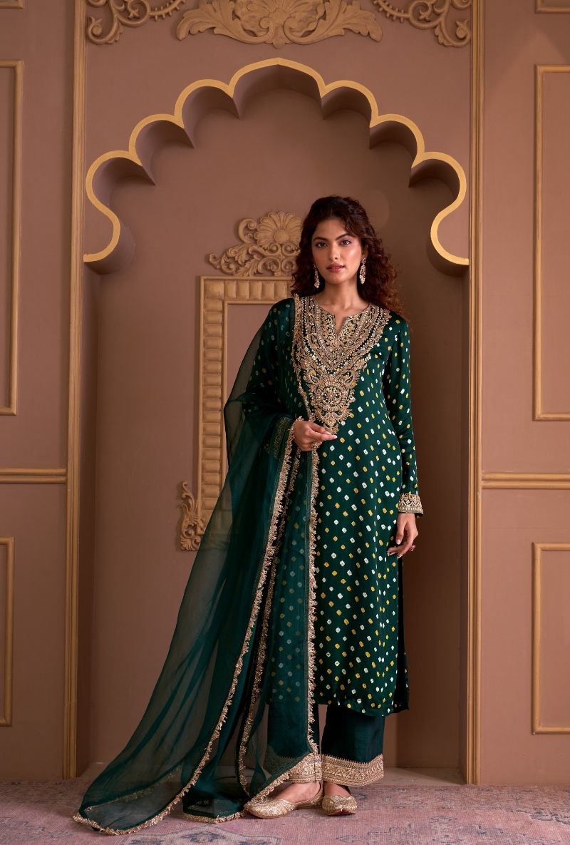 Green Bandhej Rasia Kurta Set
