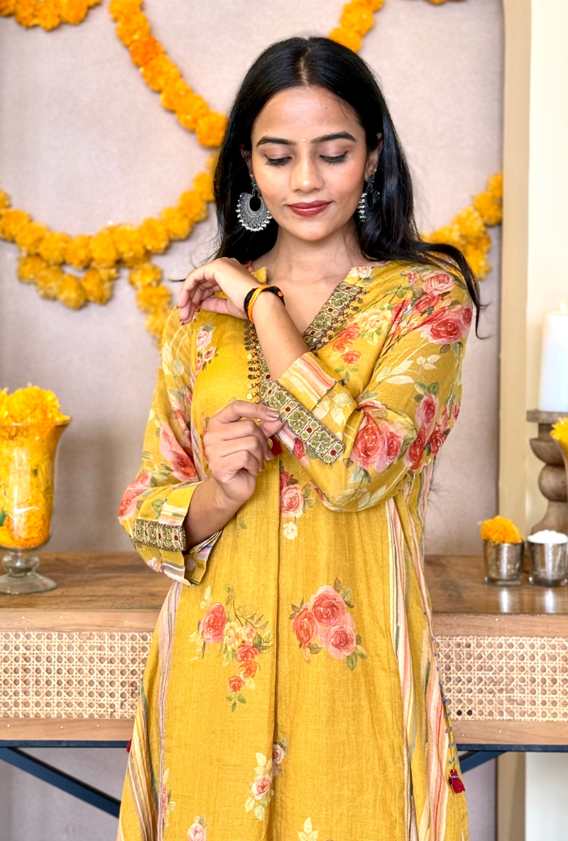 Jyoti Verma in Musrard Embroidered V Neck Kurta Set