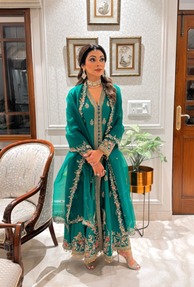 Meghna Nayyar in Green Long Jacket Kurta Set