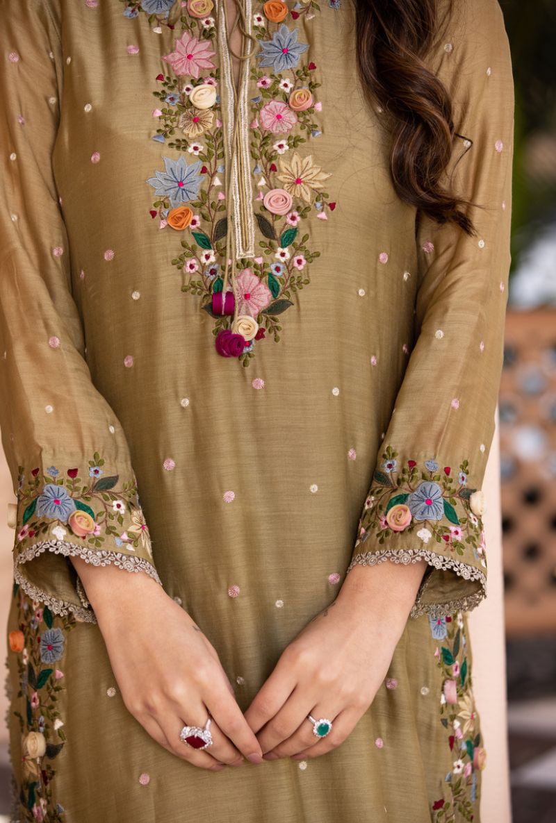Olive Green Orchid Heavy Long Sahiba Kurta Set