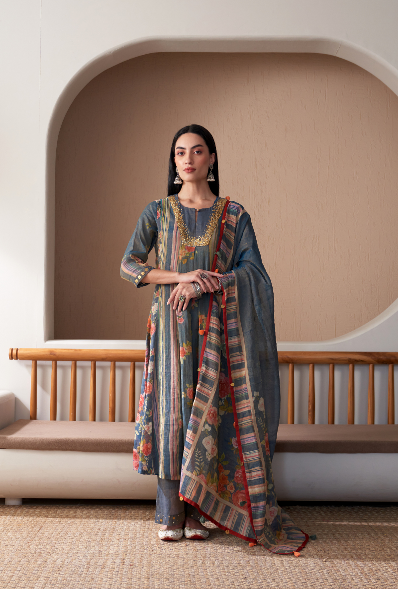 Blue Sequin Yoke Bageecha Anarkali Set
