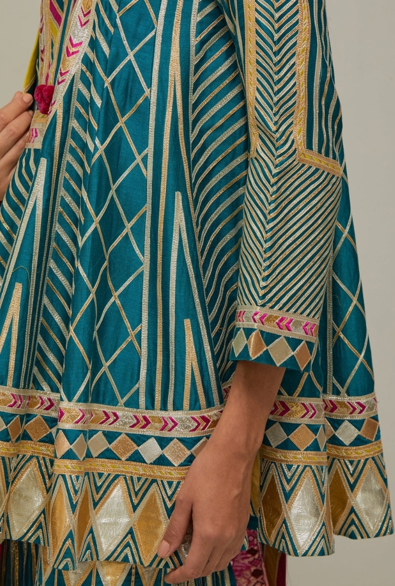 Peacock Blue Multistripe Gota long Mehreen Anarkali Set