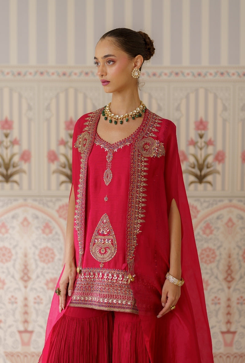 Red Resham and Dori Hand Embroidered Mallika Cape Set