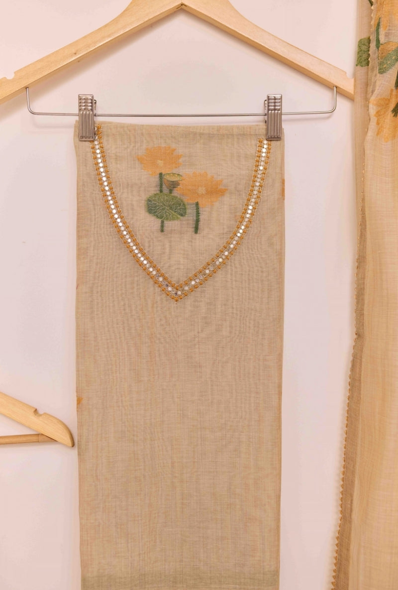 Jamdani Weaving Resham and Sequin Neck Unstitched Suit Set