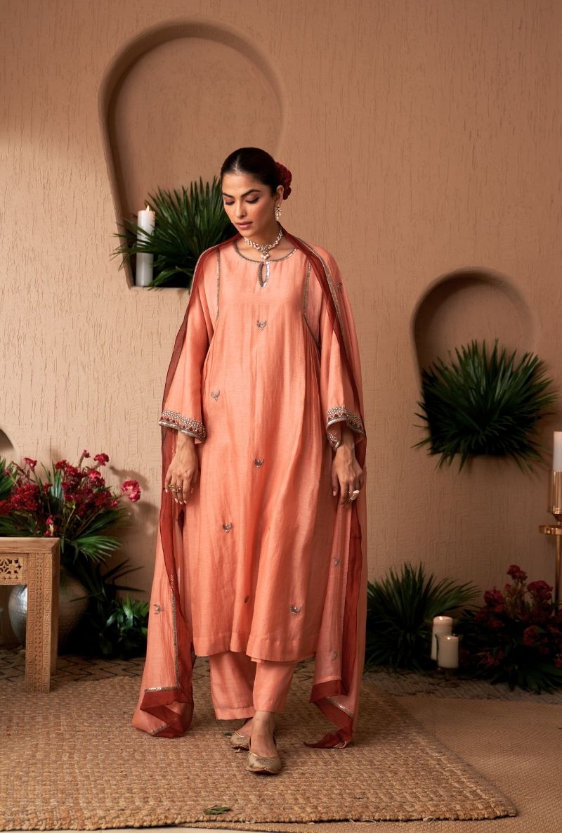 Peach Square Sleeve Naveli Kurta Set