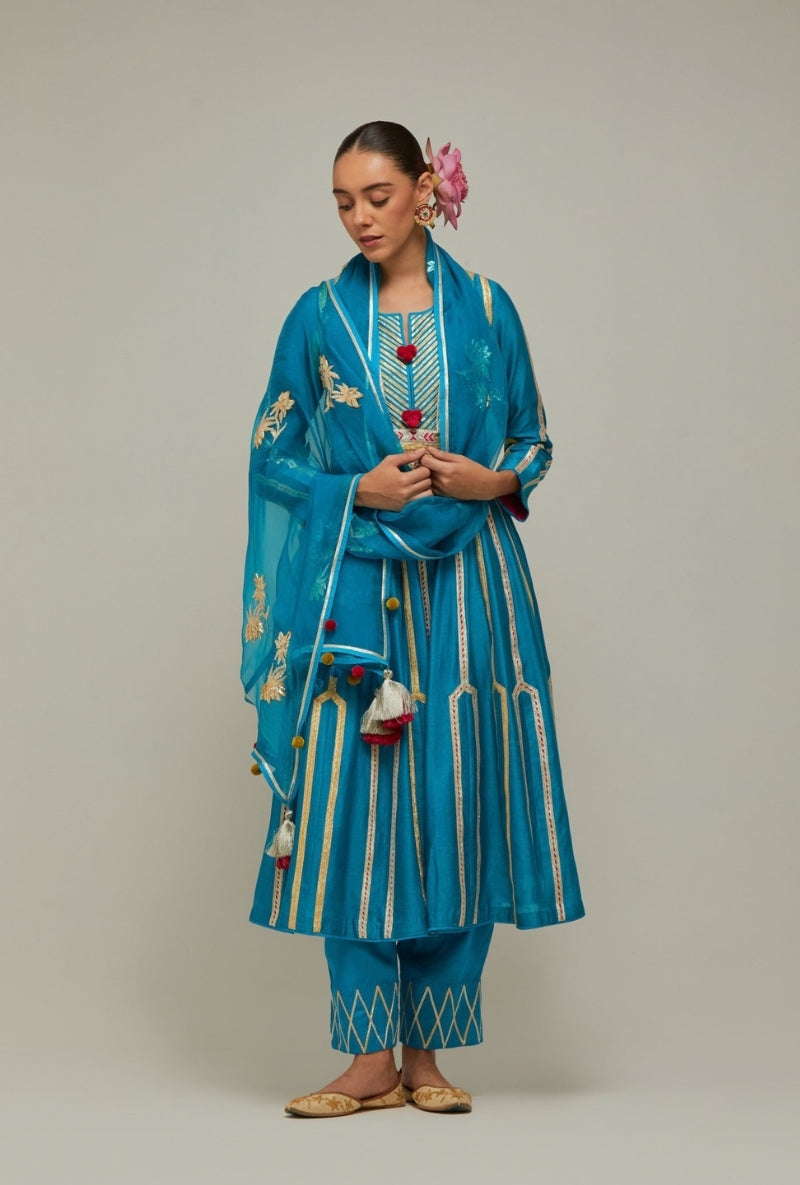 Peacock Blue Multistripe Gota long Mehreen Anarkali Set