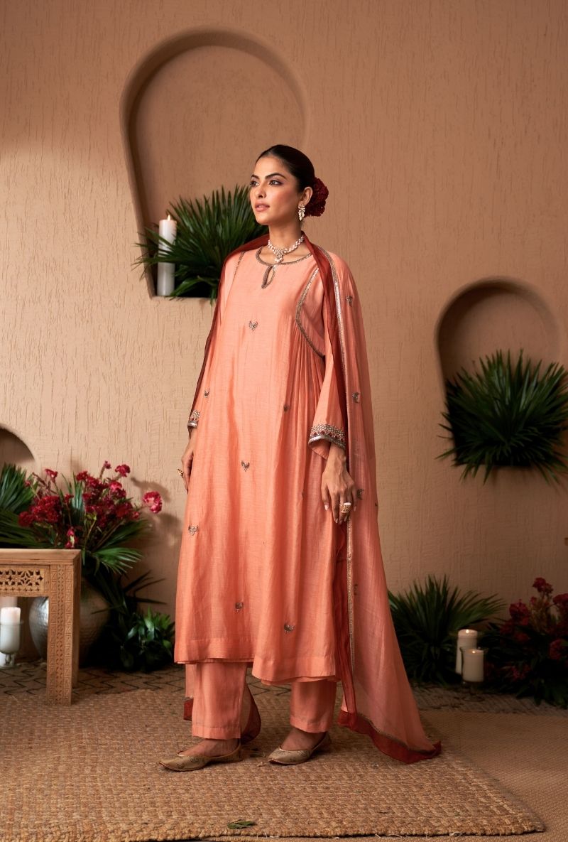 Peach Square Sleeve Naveli Kurta Set