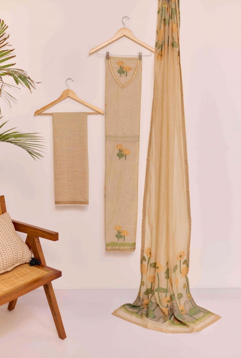 Jamdani Weaving Resham and Sequin Neck Unstitched Suit Set