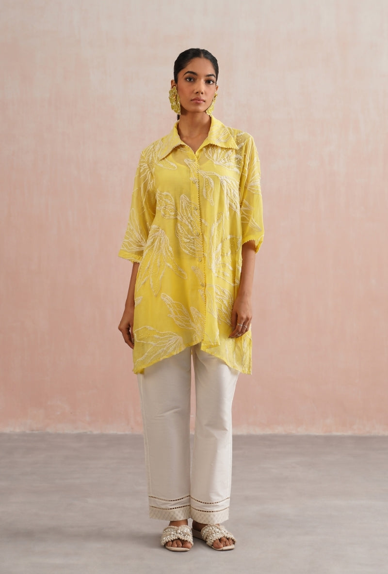 Lemon Yellow Pearl Embroidered Shirt Prisha Co-ord Set