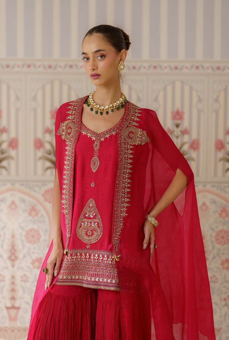 Red Resham and Dori Hand Embroidered Mallika Cape Set