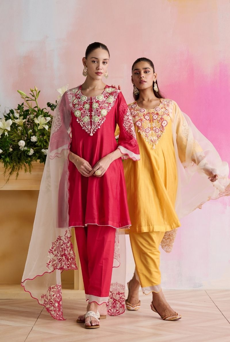 Raspberry Pink Embroidered Heavy Yoke Amara Kurta Set