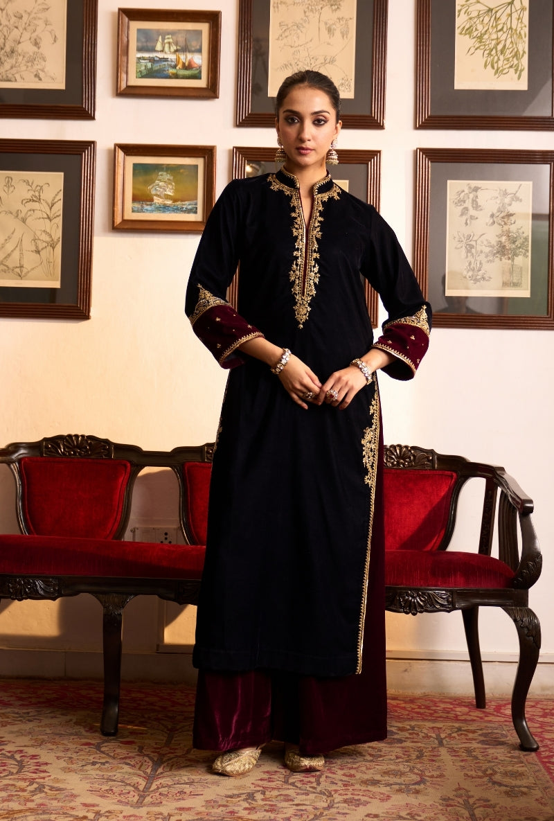 Navy Blue Chinese Collar Dilbar Kurta Set