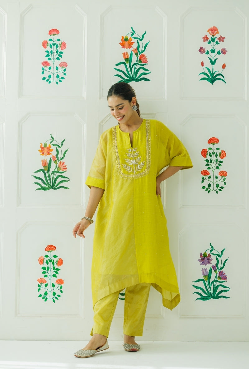Lime Green Hand Embroidered Yoke Baani Kaftan Set